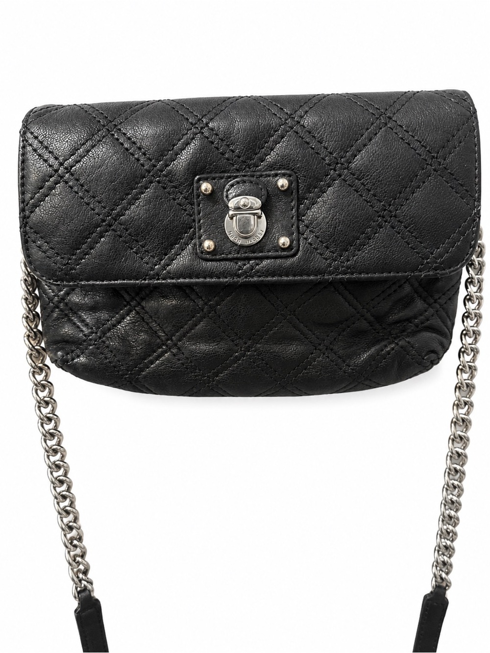 Marc Jacobs Black Quilted Leather Crossbody Bag with Silver Chain Strap